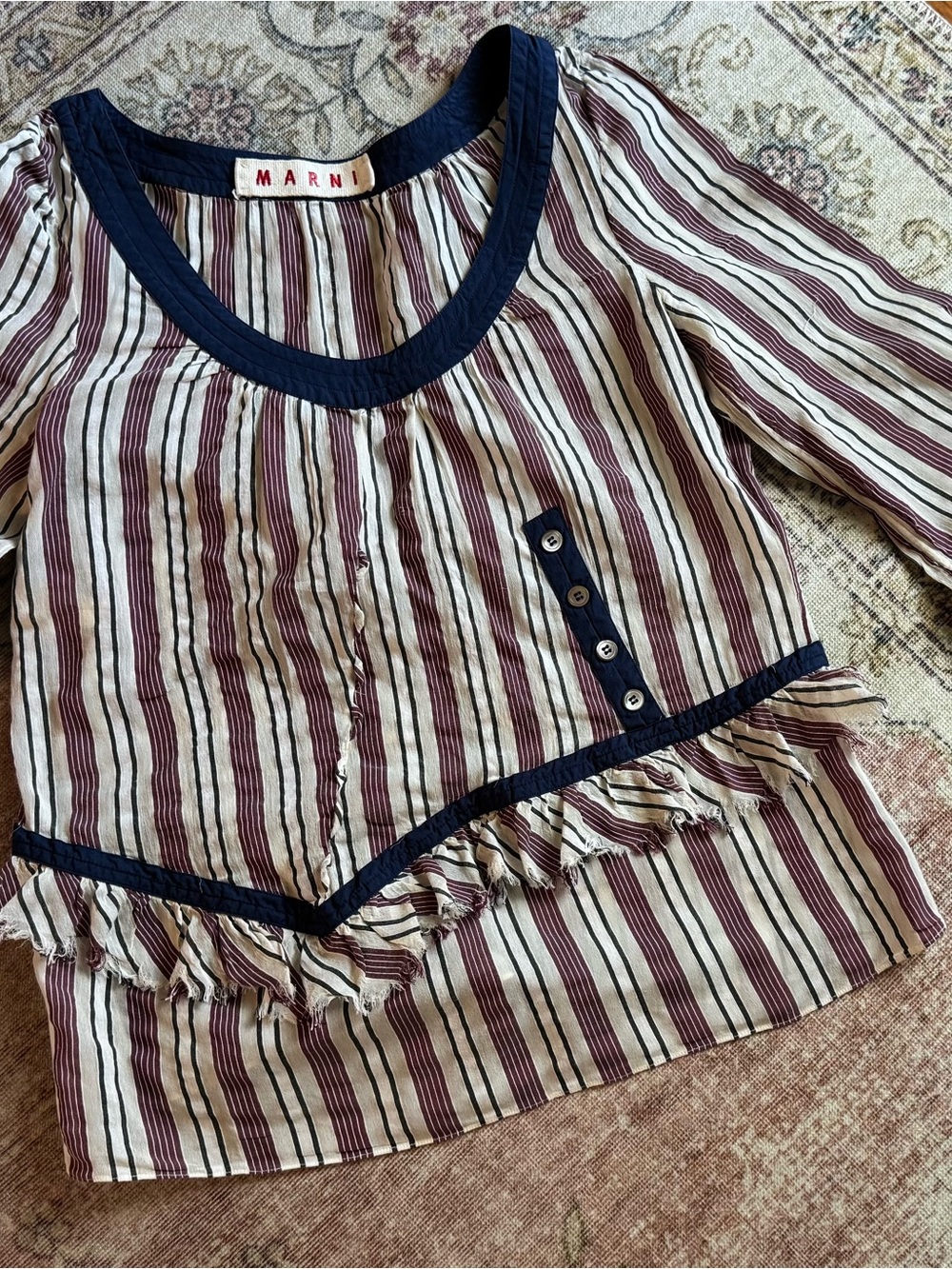 Marni Burgundy, White & Navy Striped Ruffle Top